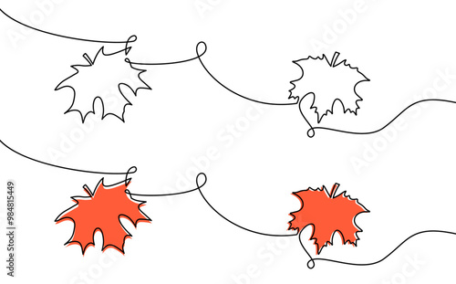 Vector illustration of maple leaves in continuous line art, featuring black outlines and orange accents, creating a dynamic autumn design.