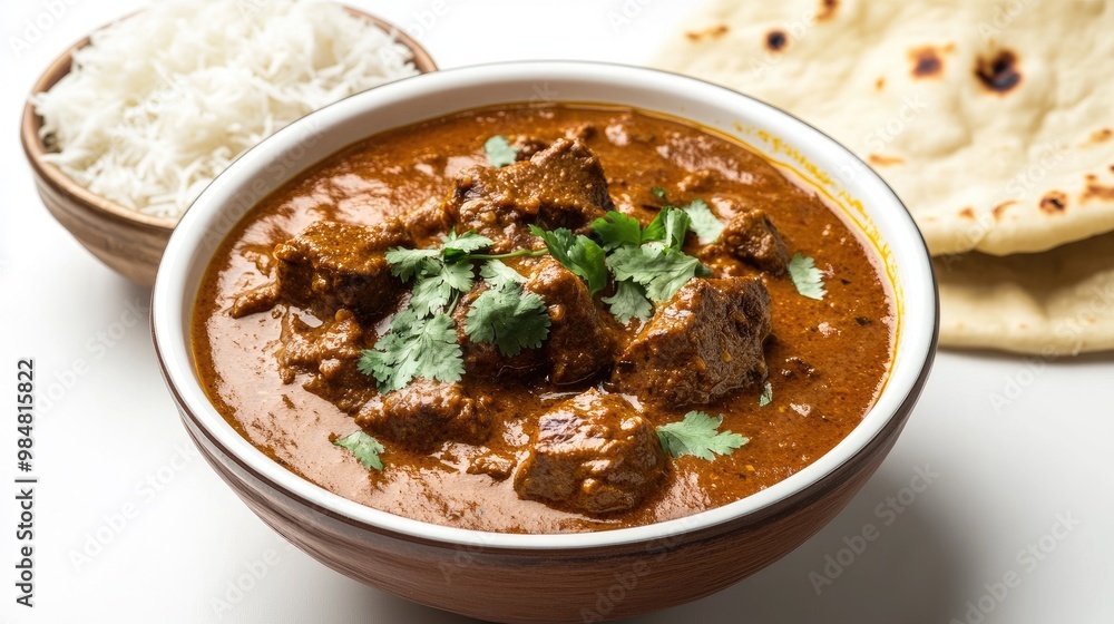A bowl of Guruma curry with a rich, golden sauce and tender pieces of meat, garnished with fresh herbs, alongside a serving of rice and naan, all against a white backdrop. A bowl of Guruma curry with a rich, golden sauce and tender pieces of meat, garnished with fresh herbs, alongside a serving of rice and naan, all against a white backdrop.