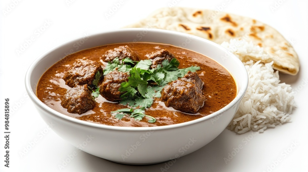 A bowl of Guruma curry with a rich, golden sauce and tender pieces of meat, garnished with fresh herbs, alongside a serving of rice and naan, all against a white backdrop. A bowl of Guruma curry with a rich, golden sauce and tender pieces of meat, garnished with fresh herbs, alongside a serving of rice and naan, all against a white backdrop.