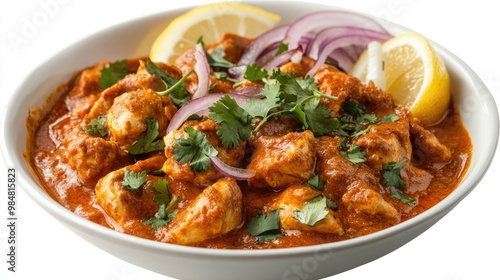 A bowl of Chicken Tikka Masala with a garnish of fresh coriander, served with slices of red onion and lemon wedges, all set against a clean white background.