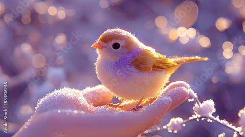 A small bird perches on a snowy branch in the soft light of sunrise.