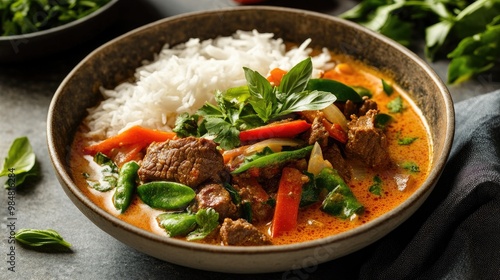 A bowl of Thai red curry with beef, with vibrant vegetables and a creamy coconut milk base, served with steamed rice and garnished with fresh herbs.