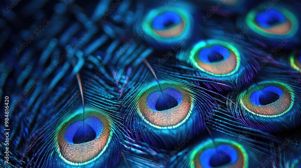 Fototapeta premium Closeup of vibrant peacock feathers showcasing fine iridescent textures