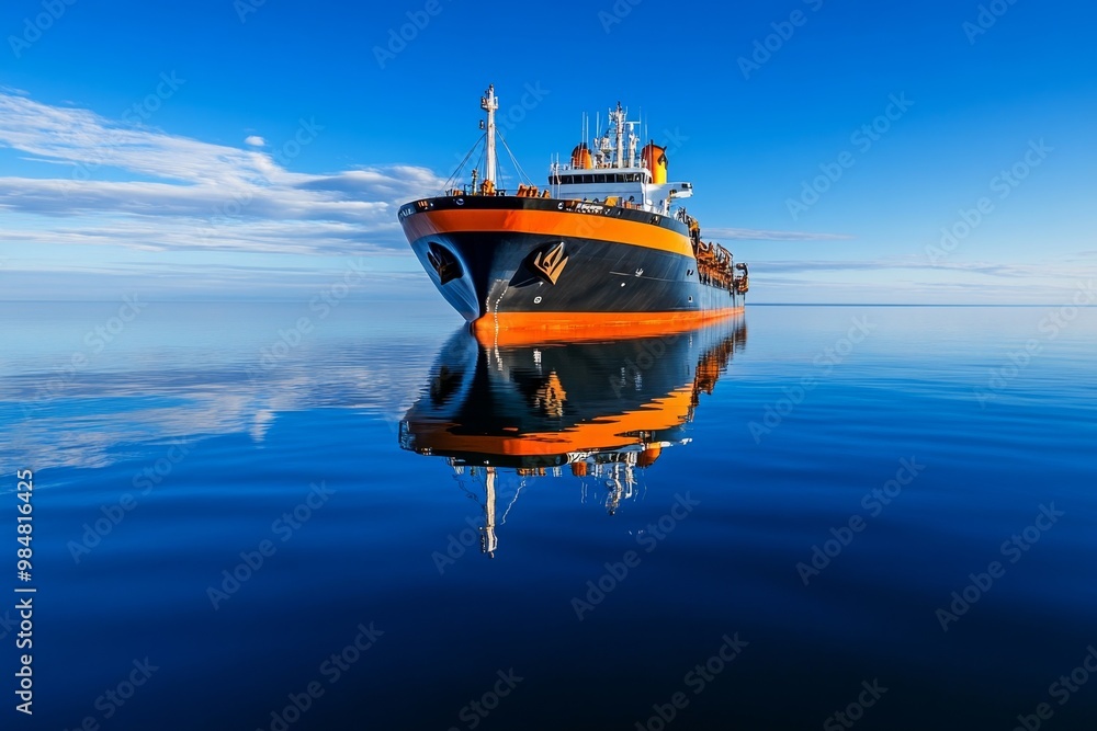 Obraz premium Petroleum transport ship on calm waters, with a bright, clear sky and minimalist horizon line