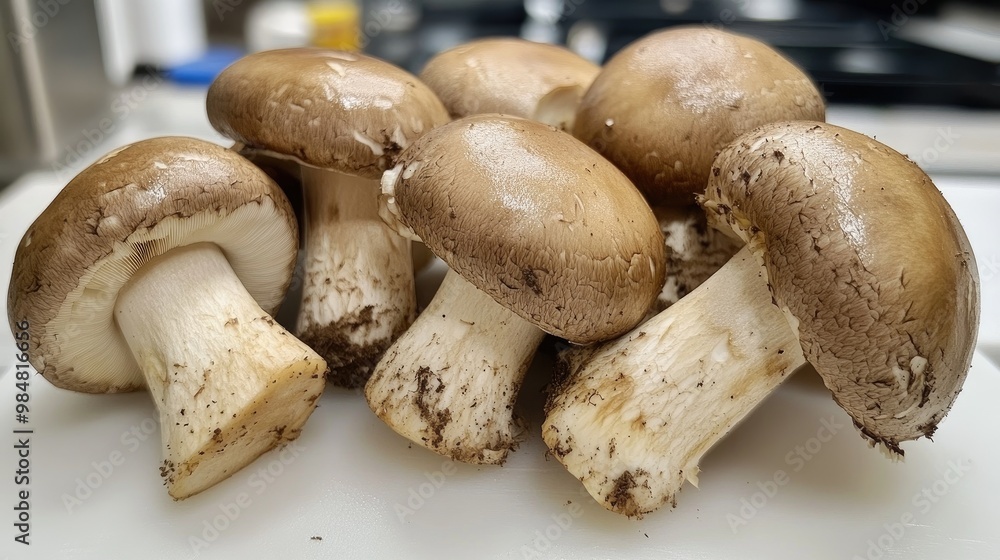 A bunch of beautiful mushrooms with smooth, round caps and slender stems, arranged neatly on a white cutting board, highlighting their fresh and appealing look A bunch of beautiful mushrooms with smooth, round caps and slender stems, arranged neatly on a white cutting board, highlighting their fresh and appealing look