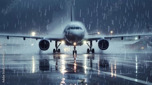 Commercial airliner caught in the downpour of a torrential rainstorm photo