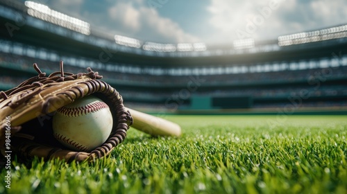 Baseball field in an open-air stadium during the day with a bat, glove, and ball on vibrant green grass, perfect for sports-themed ads