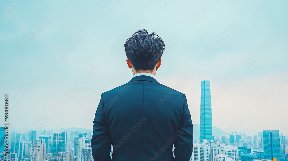 A businessman in a suit looks out over a city skyline. A businessman in a suit looks out over a city skyline.
