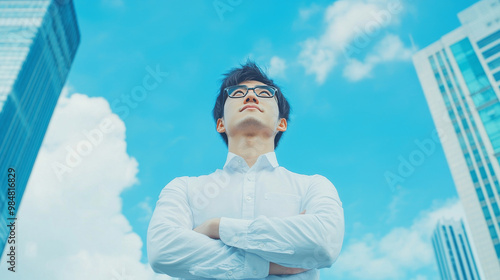 Young businessman in white shirt looks up towards the sky in confidence.