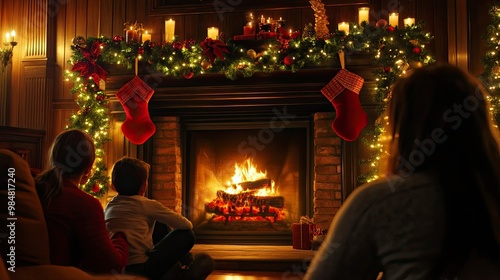 A family sitting by a cozy fireplace, the mantel decorated with red and green garlands, stockings, and flickering candles.