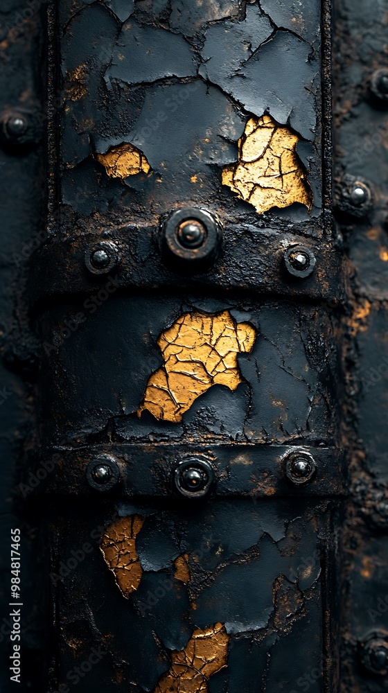 Closeup of a weathered metal surface with peeling paint revealing a layer of gold underneath. The surface has multiple metal bands with rivets. Closeup of a weathered metal surface with peeling paint revealing a layer of gold underneath. The surface has multiple metal bands with rivets.