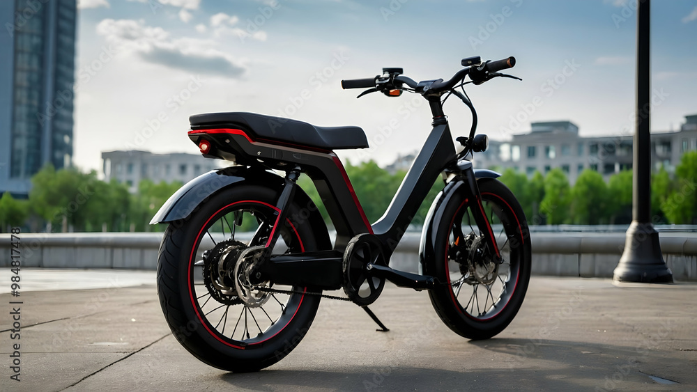 Obraz premium A black electric motorcycle parked on a street. The vehicle is equipped with a black seat and handlebars, and features a black frame.