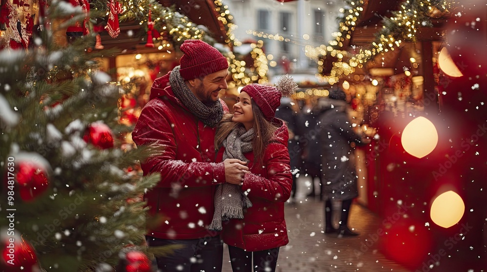 A family taking a photo in a Christmas market, surrounded by red and white stalls, Christmas trees, and snowflakes. A family taking a photo in a Christmas market, surrounded by red and white stalls, Christmas trees, and snowflakes.