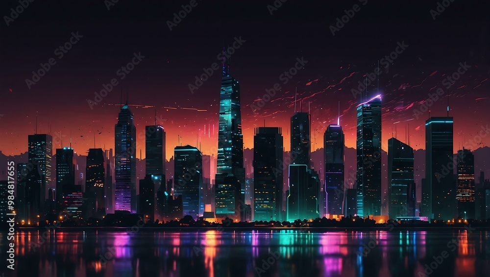 Obraz premium Digital glitch cityscape with flickering lights.