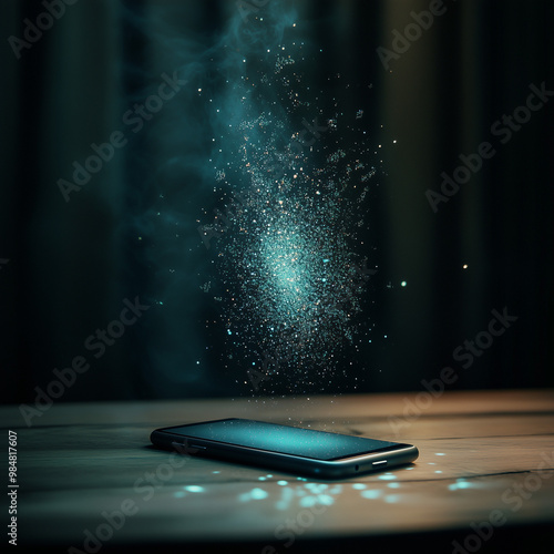 Smartphone with glowing particles levitating above wooden surface