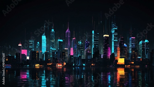 Digital glitch cityscape with flickering lights.