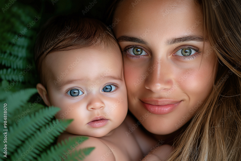 A mother and her baby share tender moment surrounded by lush greenery, showcasing their beautiful blue eyes and warm expressions. This intimate portrait captures bond between them A mother and her baby share tender moment surrounded by lush greenery, showcasing their beautiful blue eyes and warm expressions. This intimate portrait captures bond between them