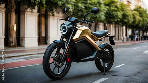 A shiny gold electric motorcycle on a street. It has a black seat and handlebars, and a black helmet is on the handlebars.