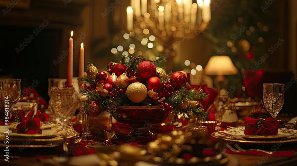 A festive Christmas dinner scene, with family gathered around a table adorned with red and gold Christmas decorations. A festive Christmas dinner scene, with family gathered around a table adorned with red and gold Christmas decorations.