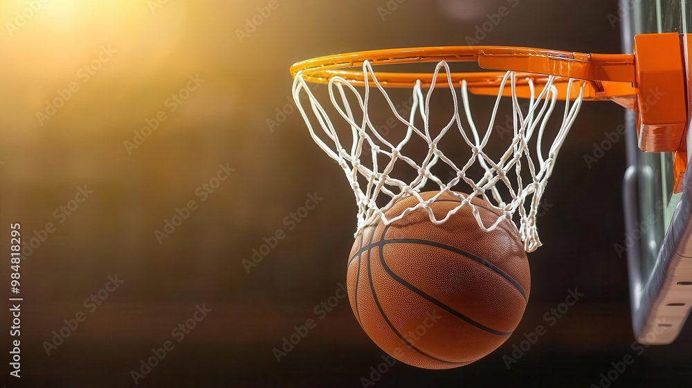 A close-up view of a basketball about to land in the hoop, illuminated by soft golden light, capturing the essence of sports A close-up view of a basketball about to land in the hoop, illuminated by soft golden light, capturing the essence of sports