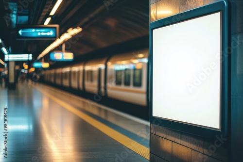 Space for advertising showcase on the sign at a public transport hub featuring an empty white template with space for messaging photo