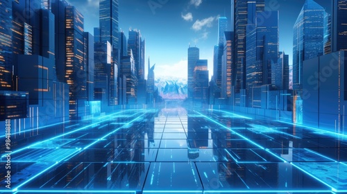 Futuristic cityscape with glowing neon lights and a digital road leading to a snowy mountain range.