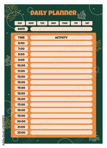 Daily planner page tamplate, business daily organizer, dairy, life, weekly, month planner, time menagement concept with leaves, green orange colors