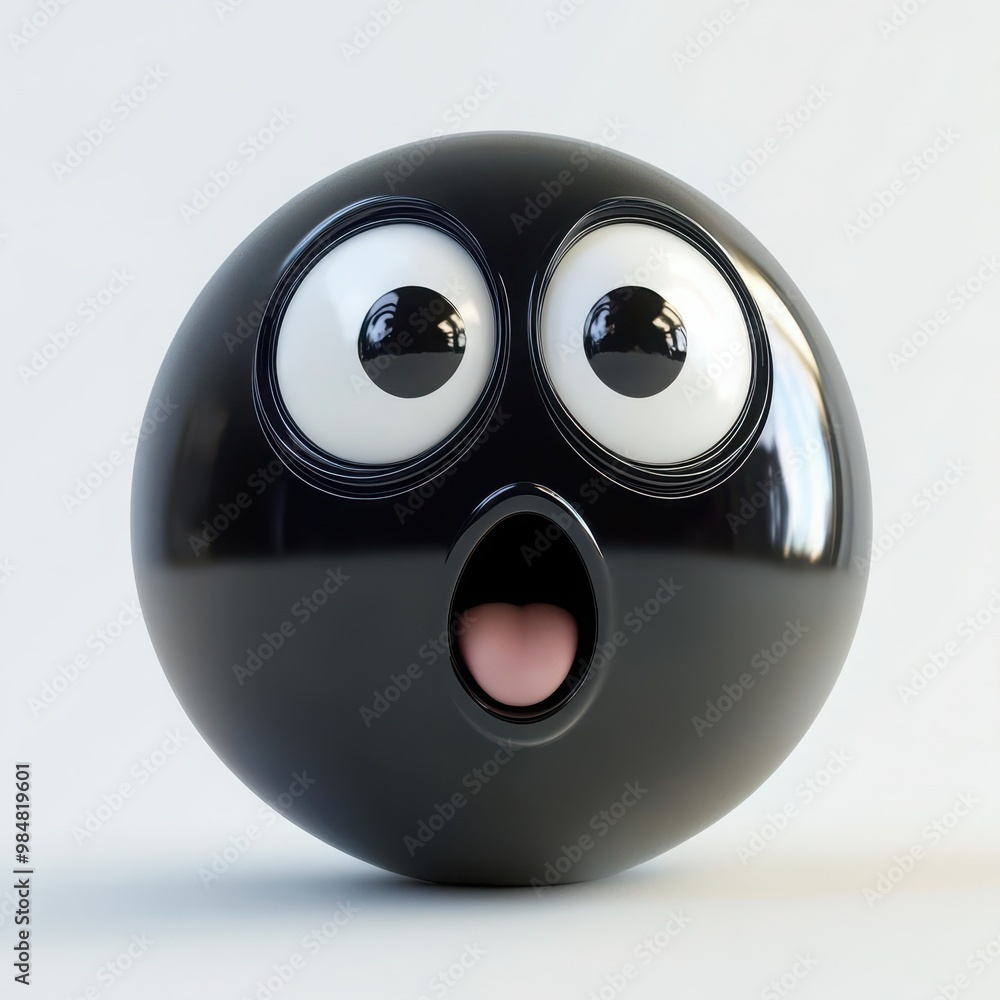 A 3D black emoji with a surprised expression, its eyes wide open with glowing white pupils, symbolizing shock or awe, on a white background A 3D black emoji with a surprised expression, its eyes wide open with glowing white pupils, symbolizing shock or awe, on a white background