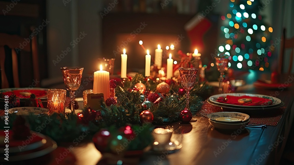 A festive holiday dinner table, decorated with candles, Christmas wreaths, and colorful ornaments, ready for a family feast. A festive holiday dinner table, decorated with candles, Christmas wreaths, and colorful ornaments, ready for a family feast.