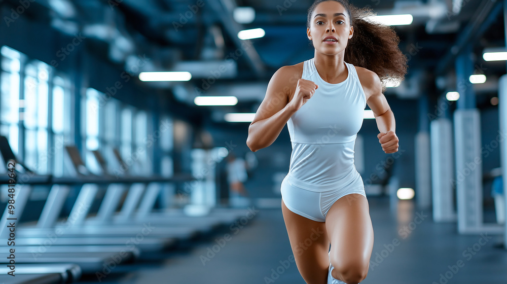 Active female athlete running mid air in modern gym, showcasing determination and strength. dynamic movement captures essence of fitness and vitality Active female athlete running mid air in modern gym, showcasing determination and strength. dynamic movement captures essence of fitness and vitality