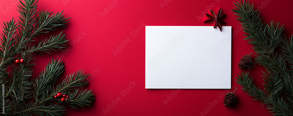A blank white Christmas card mockup is elegantly placed on vibrant red background, surrounded by festive pine branches, red berries, and pine cones, creating warm holiday atmosphere A blank white Christmas card mockup is elegantly placed on vibrant red background, surrounded by festive pine branches, red berries, and pine cones, creating warm holiday atmosphere