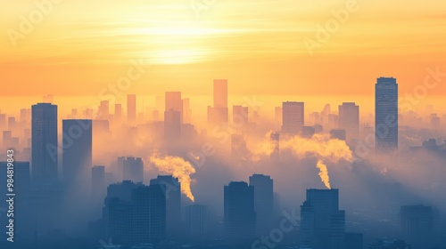 A city skyline with heavy smog and air pollution, illustrating the impact of global warming and industrial emissions on urban air quality.