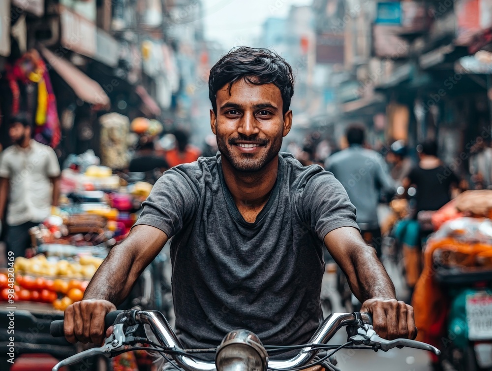 A bicycle rickshaw driver pedaling through the narrow streets of Old Delhi, India, surrounded by bustling markets and crowds A bicycle rickshaw driver pedaling through the narrow streets of Old Delhi, India, surrounded by bustling markets and crowds
