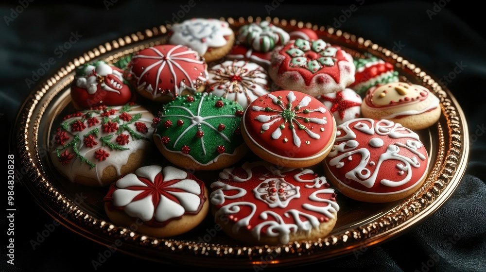 A festive plate of holiday cookies, each decorated with unique designs and colors. A festive plate of holiday cookies, each decorated with unique designs and colors.