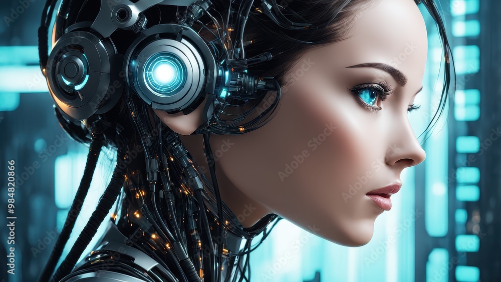 A futuristic humanoid robot with blue accents and intricate circuitry, set against a high-tech background. A futuristic humanoid robot with blue accents and intricate circuitry, set against a high-tech background.