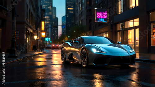 A sleek black sports car driving on a rainy night in a city, with neon lights reflecting off the wet street.