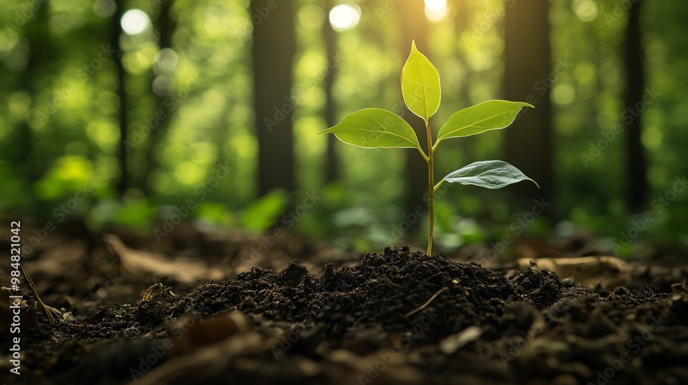 A Single Sapling Emerging from Rich Soil in a Sun-Dappled Forest A Single Sapling Emerging from Rich Soil in a Sun-Dappled Forest