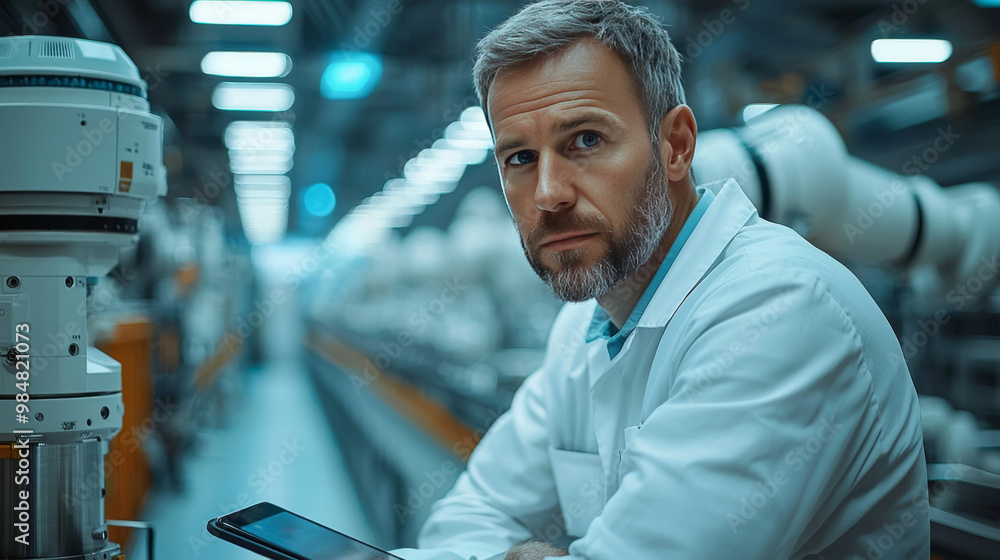 A man in a white lab coat looks intently at the camera. A man in a white lab coat looks intently at the camera.