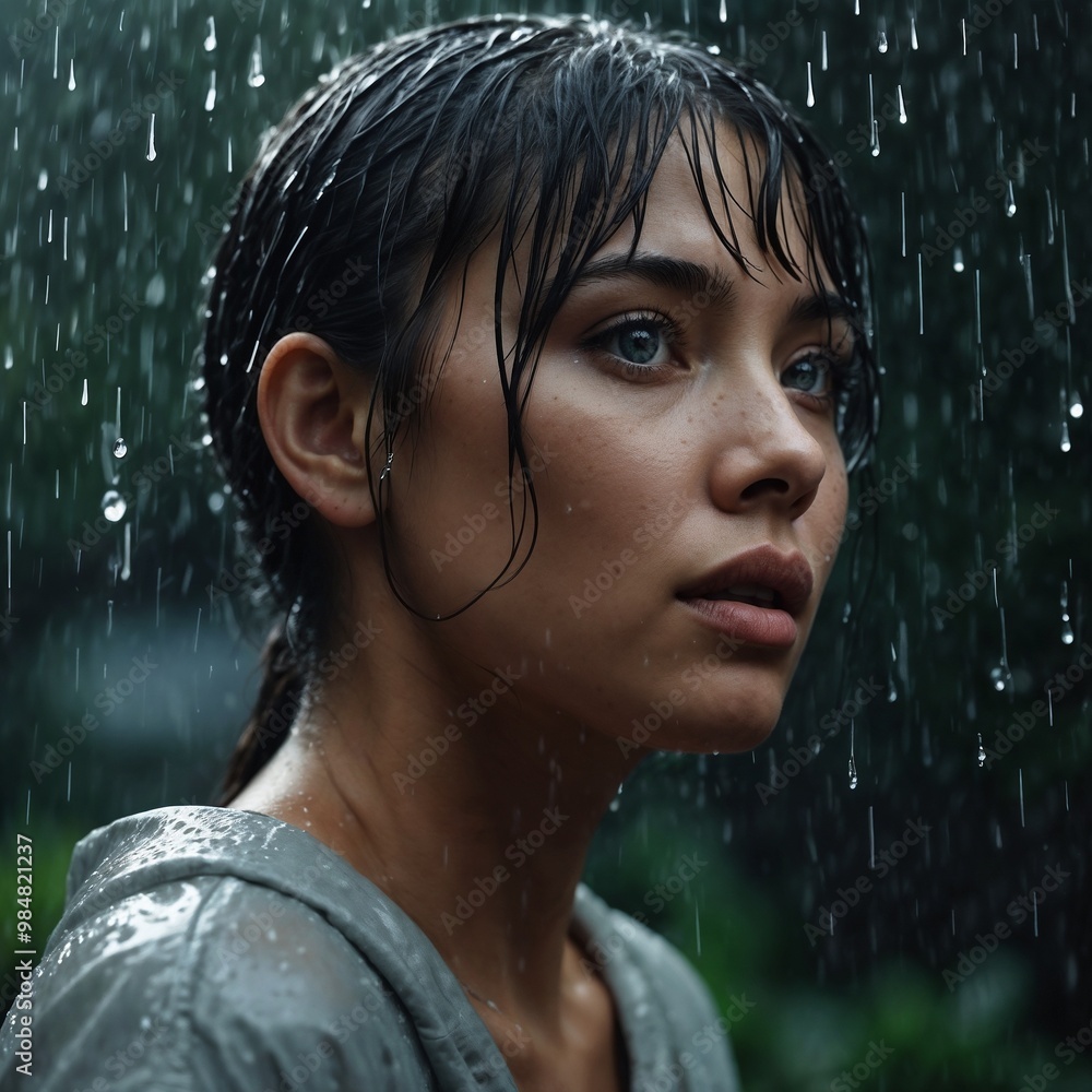 Fototapeta premium Young woman with wet hair experiencing emotions in the rain with dark green background