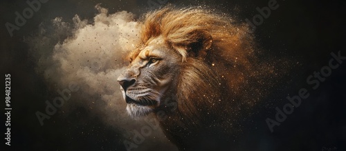 Portrait of a lion in a cloud of dust. Wild animal. photo