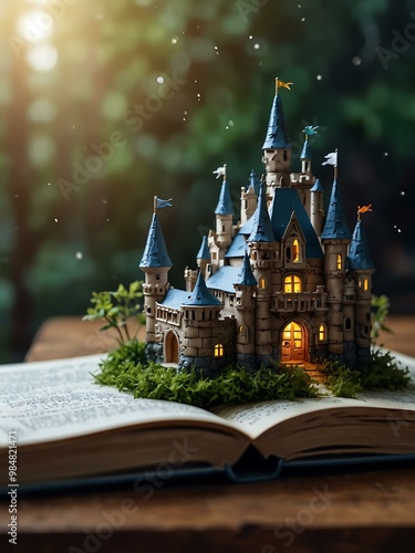 Enchanted castle emerging from a book.