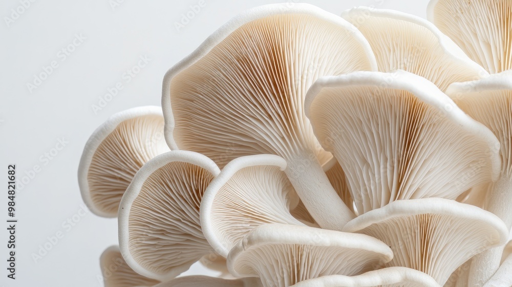 A close-up of a cluster of beautifully shaped mushrooms with smooth, delicate caps and stems, arranged on a white background to highlight their natural beauty. A close-up of a cluster of beautifully shaped mushrooms with smooth, delicate caps and stems, arranged on a white background to highlight their natural beauty.