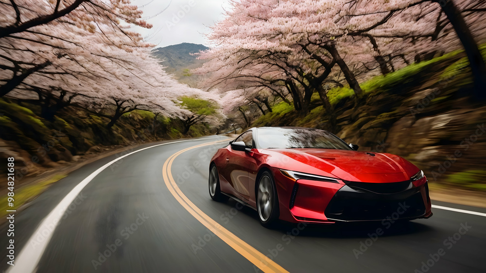 Naklejka premium This is a dynamic and vibrant image of a red car driving down a curvy road in a mountainous area. The car is the focal point of the image, with blurred trees and flowers in the background, suggesting 