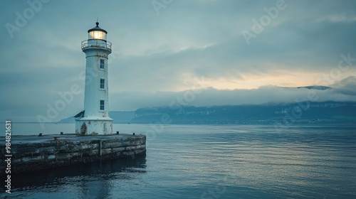 Vintage lighthouse guides ships at harbors edge