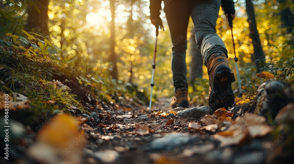 A person hikes along a forest trail, surrounded by vibrant autumn foliage and sunlight filtering through the trees. A person hikes along a forest trail, surrounded by vibrant autumn foliage and sunlight filtering through the trees.