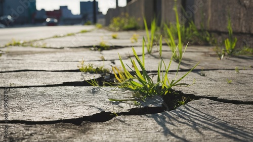 Nature reclaiming the urban landscape through concrete cracks photo