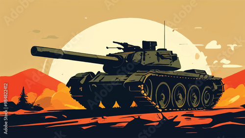 Military tank. A Battlefield Landscape with war machine tank. A combat tank. Battle-tank. War machine. Tank Vector Illustration. 