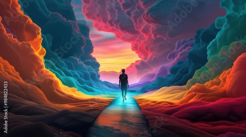 A surreal figure walking on a glowing path of color, with the sky filled with swirling, vibrant clouds