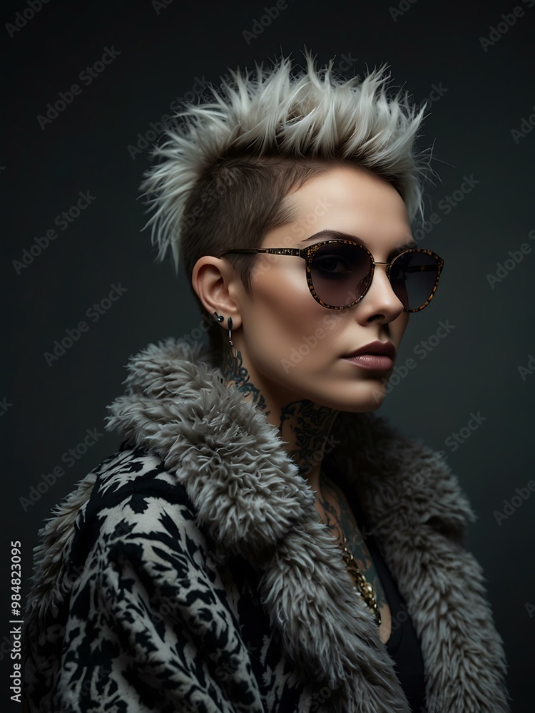 Fashion portrait of a woman with skull glasses, bold chest tattoo, and fluffy coat. Fashion portrait of a woman with skull glasses, bold chest tattoo, and fluffy coat.
