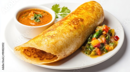 A close-up of a golden-brown dosa folded neatly on a white plate, with a side of colorful vegetable sambar and coconut chutney, set against a white background.